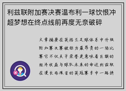 利兹联附加赛决赛温布利一球饮恨冲超梦想在终点线前再度无奈破碎