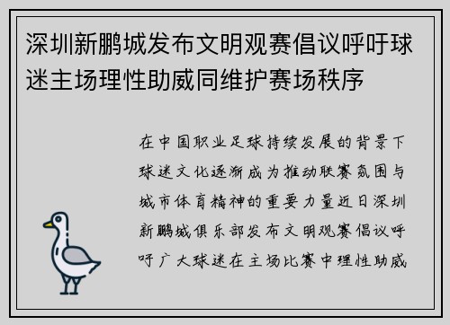 深圳新鹏城发布文明观赛倡议呼吁球迷主场理性助威同维护赛场秩序