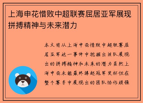 上海申花惜败中超联赛屈居亚军展现拼搏精神与未来潜力 上海申花惜败中超联赛屈居亚军展现拼搏精神与未来潜力