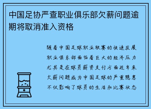 中国足协严查职业俱乐部欠薪问题逾期将取消准入资格